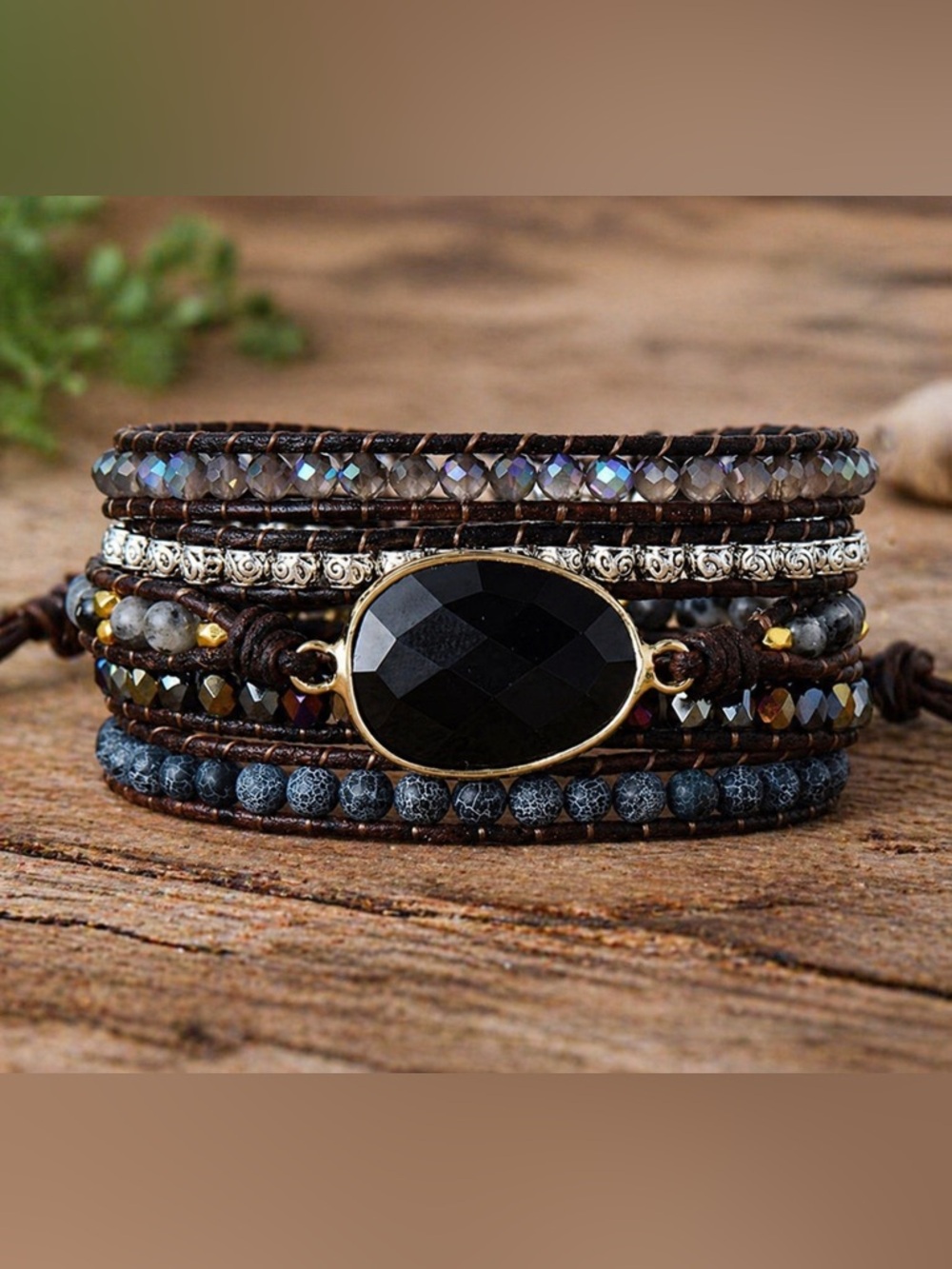Black Boho Agate Beaded Bracelet